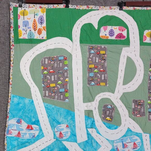 Racetrack Print Quilted Crib Blanket Baby Boys Green Blue Cars Scooters 40x55 - Picture 2 of 13